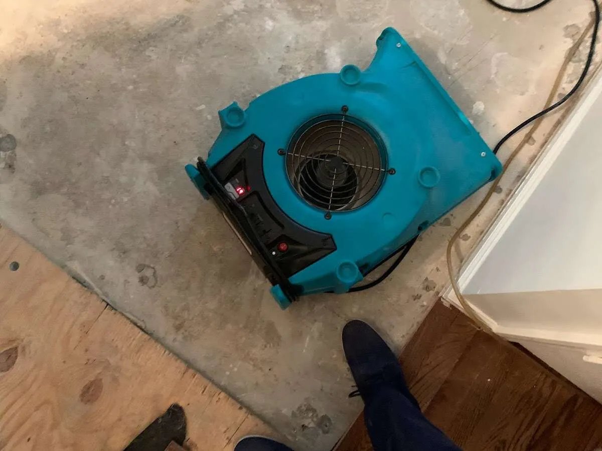 Air mover drying subfloor during Leak Detection & Repair in Noble
